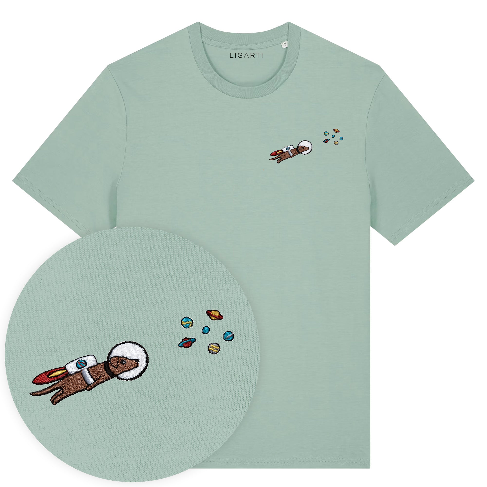 Besticktes T-Shirt – Astrowau der Space-Hund