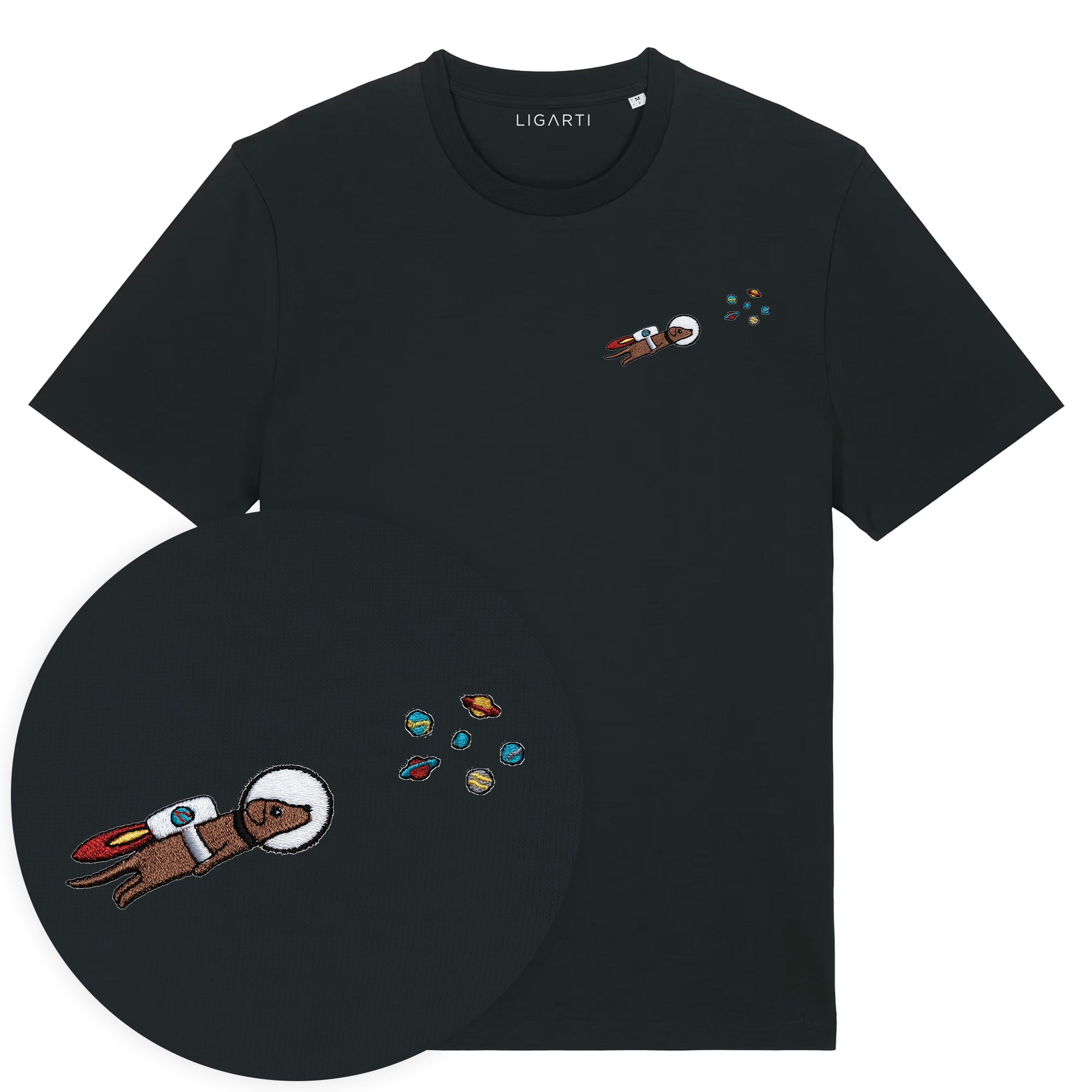 Besticktes T-Shirt – Astrowau der Space-Hund