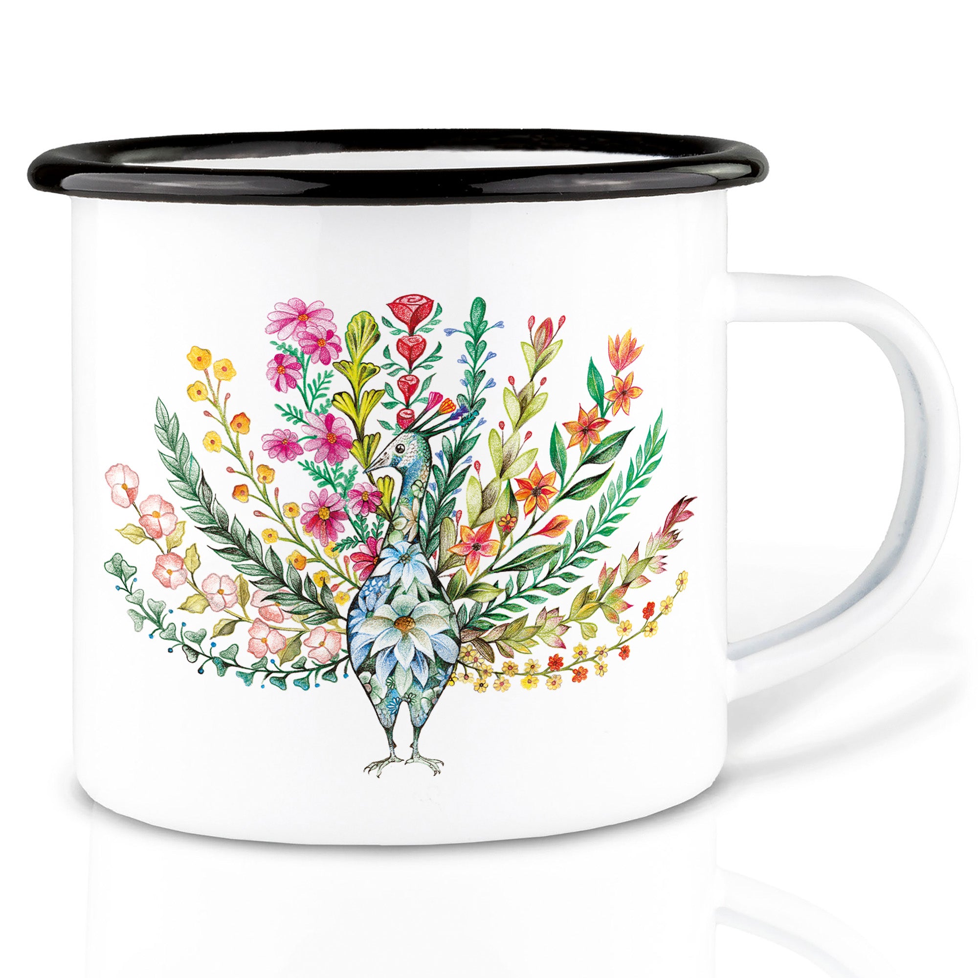 Emaille Tasse – Blumenpfau