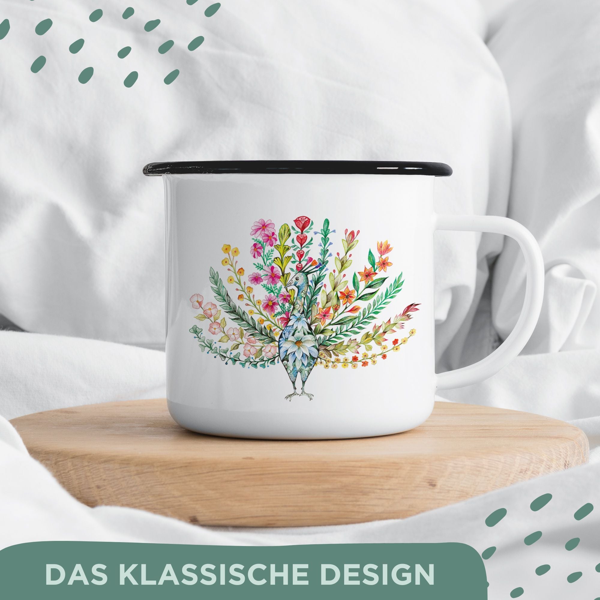 Emaille Tasse – Blumenpfau
