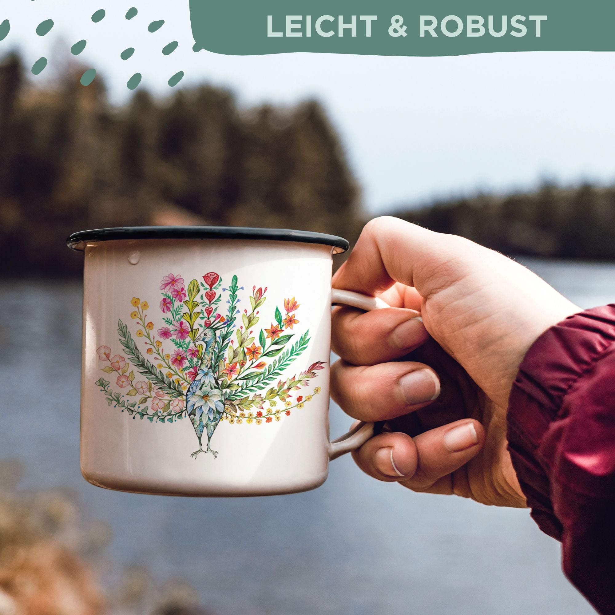 Emaille Tasse – Blumenpfau