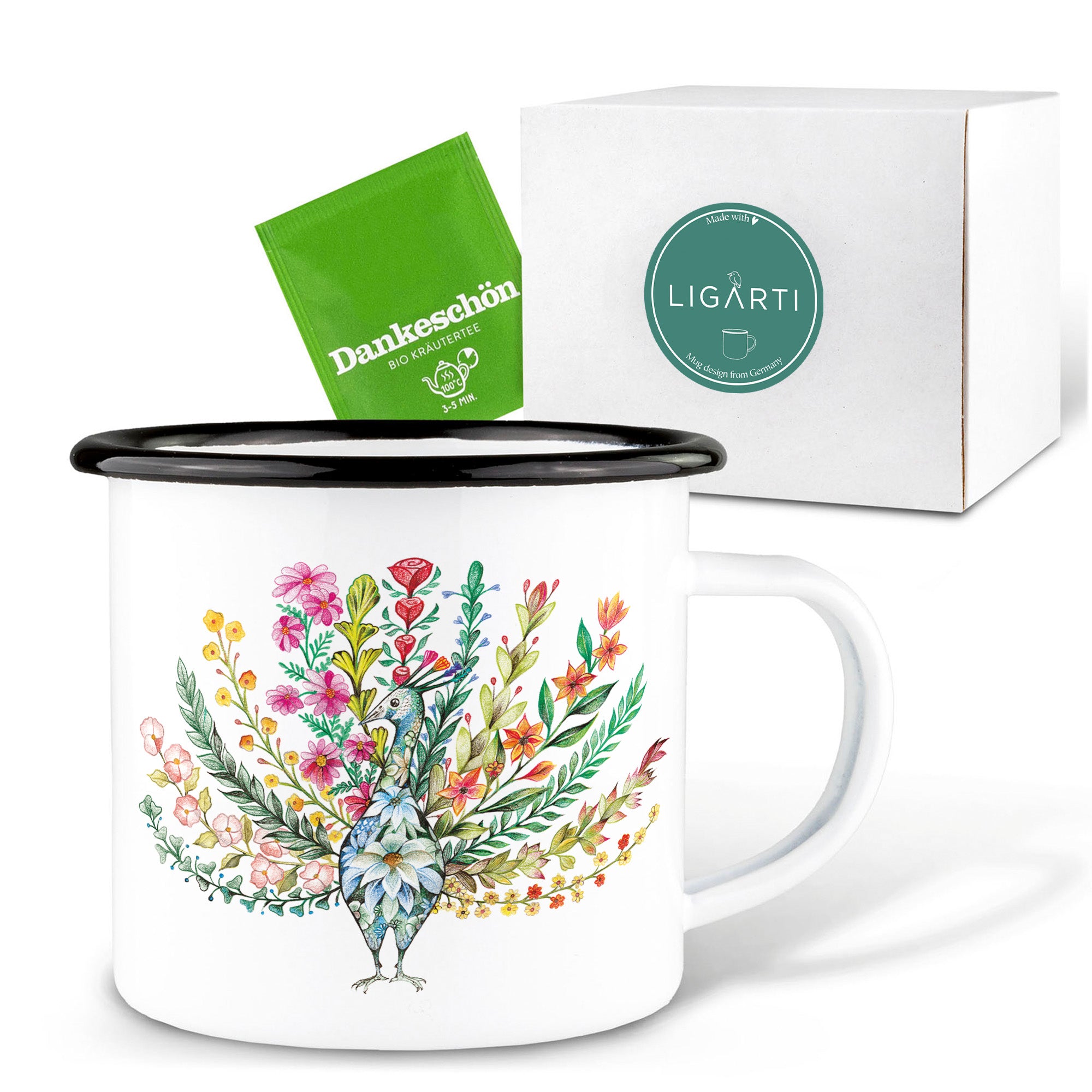 Emaille Tasse – Blumenpfau