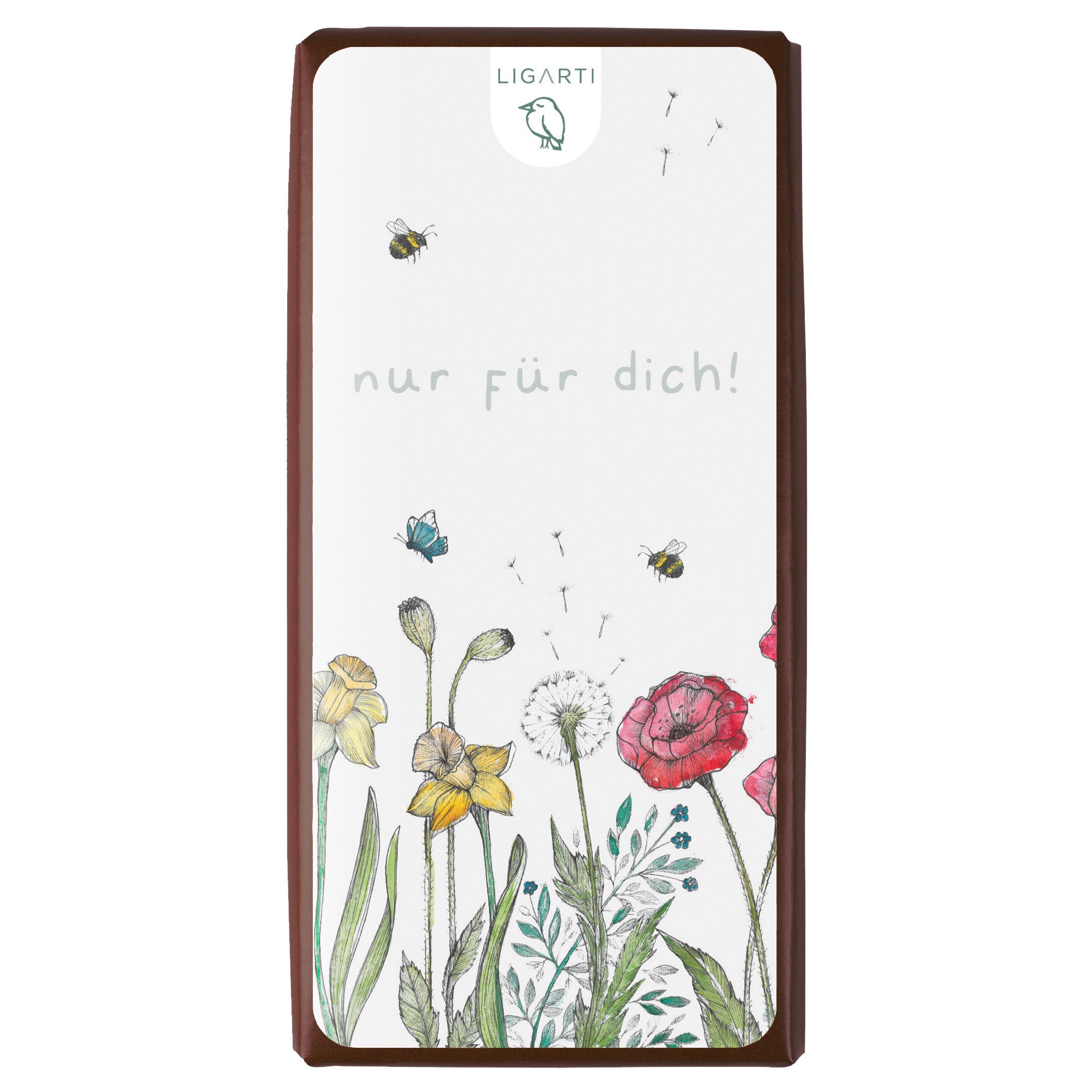 Bio Schokolade Blumenwiese mit handgezeichnetem Blumenmotiv und „Nur für Dich“-Aufkleber