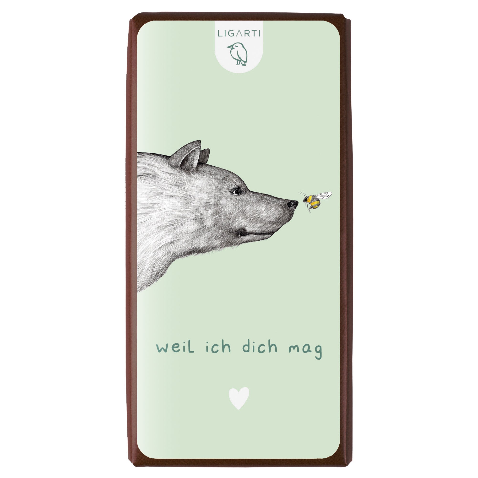 Bio Schokolade Die Begegnung mit handgezeichnetem Bär und Hummel und „Weil ich Dich mag“-Aufkleber