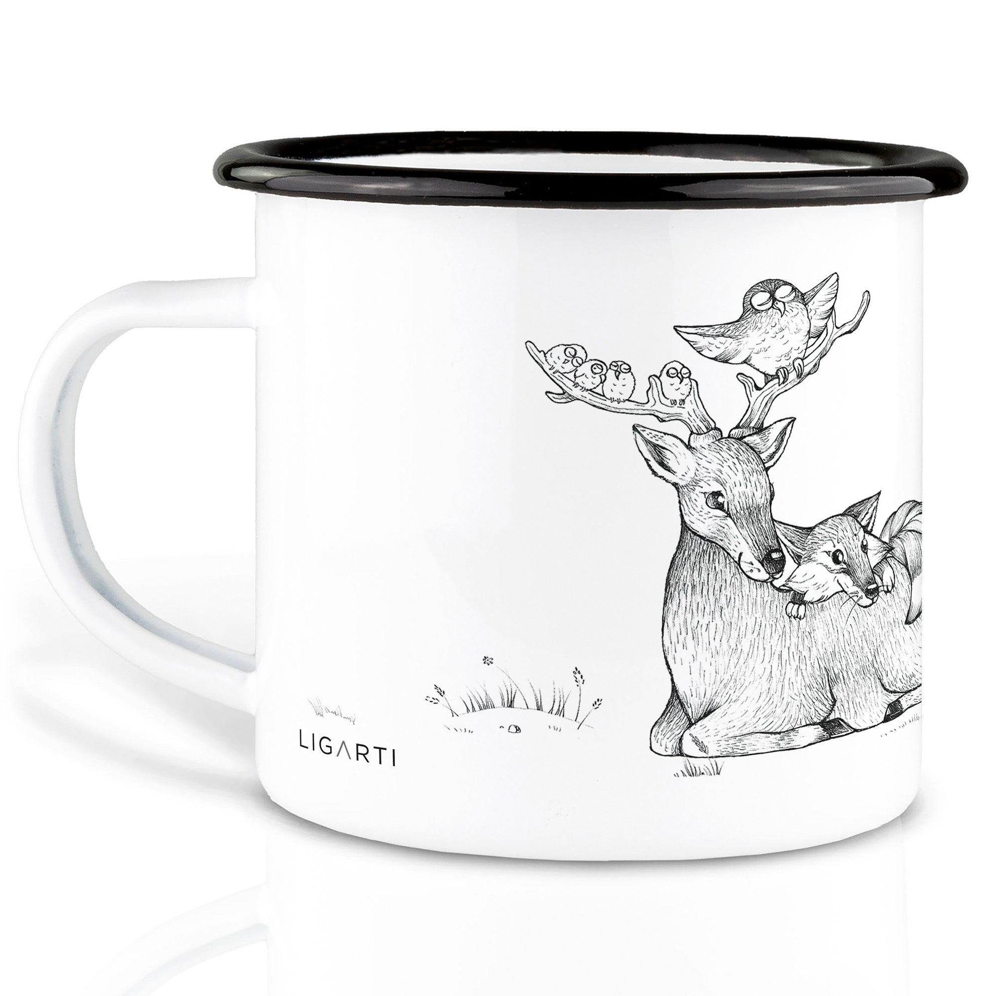 Emaille Tasse – Hirsch, Bär und Fuchs am Lagerfeuer