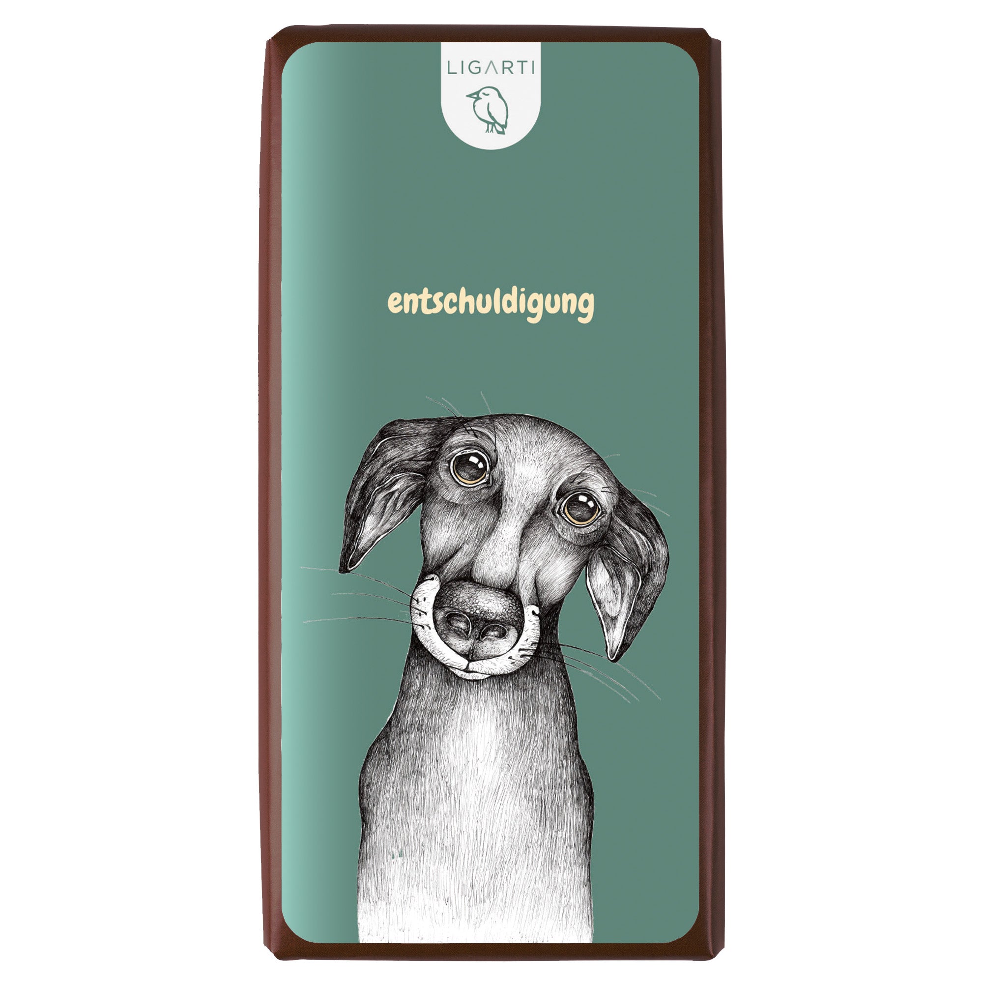Bio Schokolade Jürgen mit handgezeichnetem Hund und „Entschuldigung“-Aufkleber