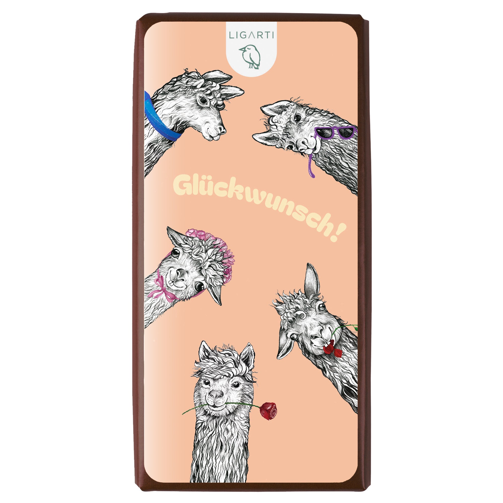 Bio Schokolade Lama Club mit handgezeichnetem Lama-Motiv und „Glückwunsch“-Aufkleber