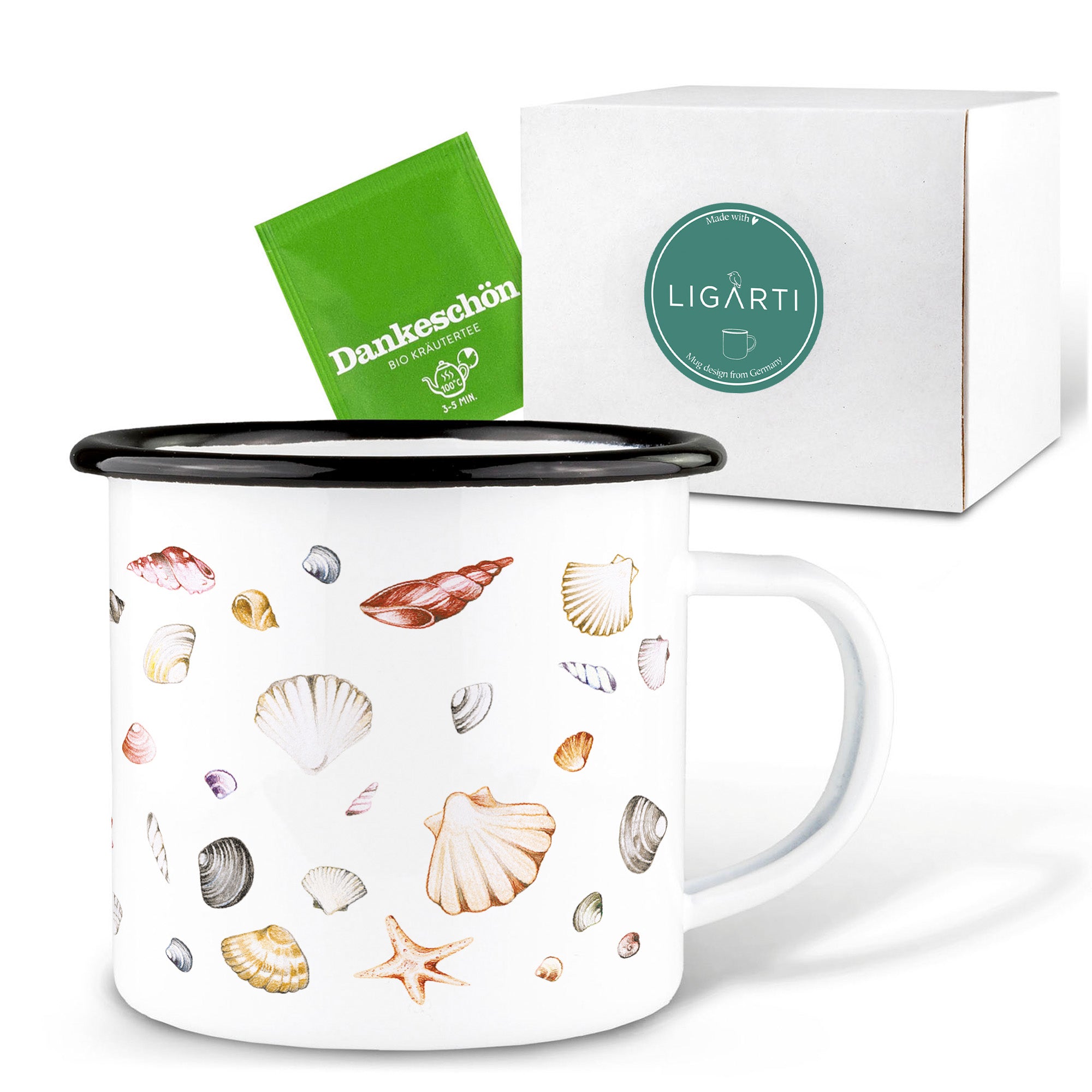 Emaille Tasse – Muschelsammlung