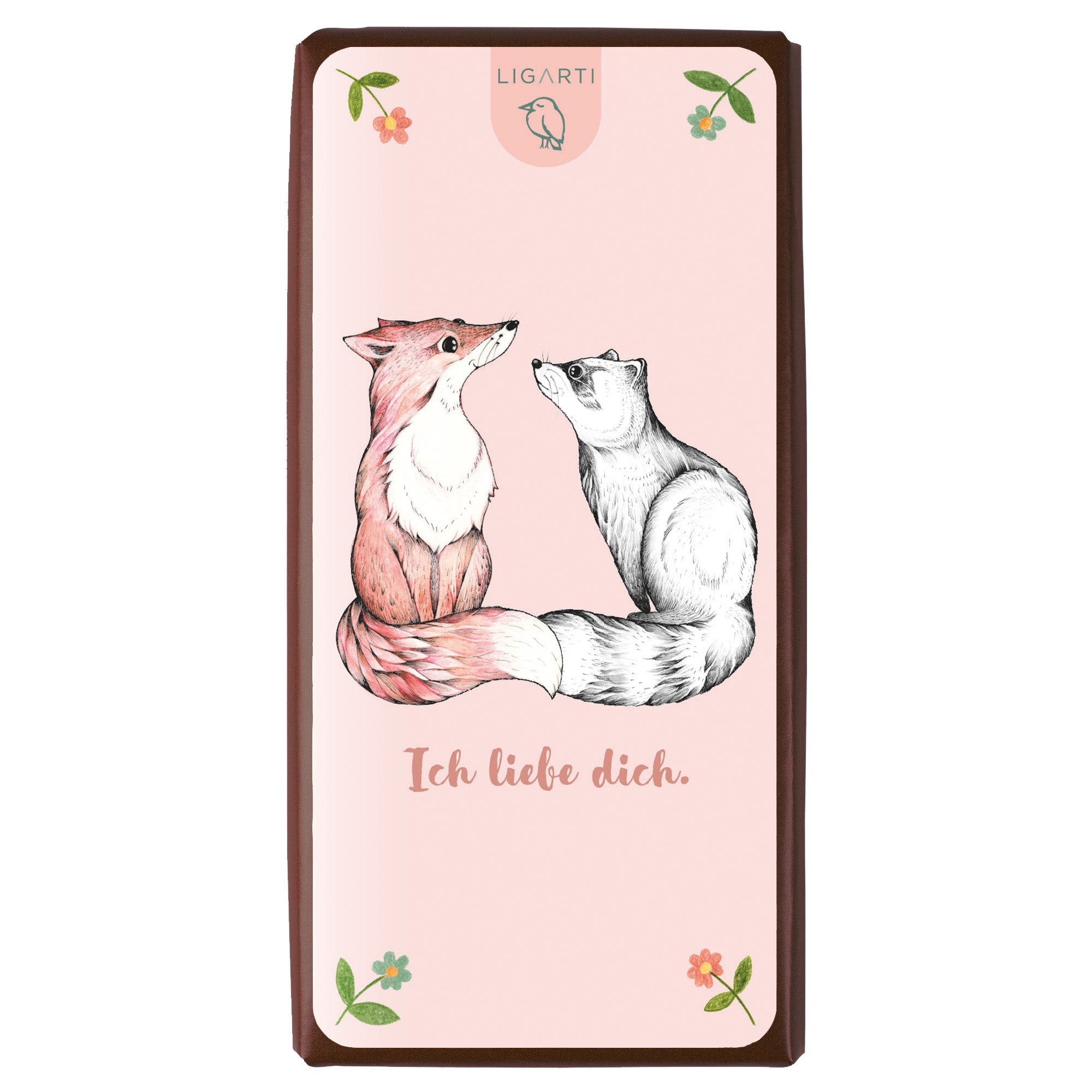 Bio Schokolade Natalie und Peter mit Fuchs, Waschbär und „Ich liebe Dich“-Aufkleber