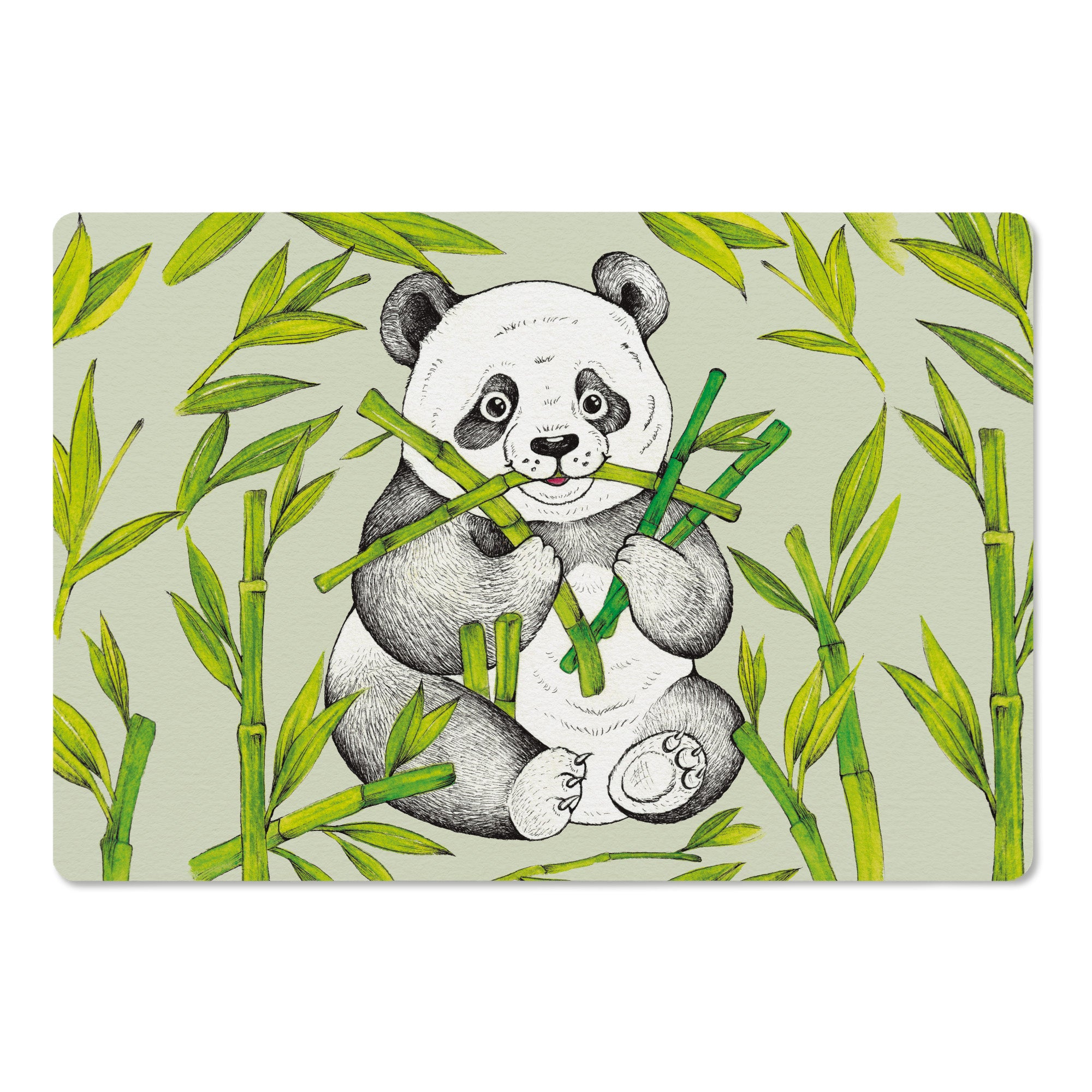 Holzbrettchen „Pedro“ mit handgezeichnetem Panda-Motiv und Bambus von Hanna Ligeti