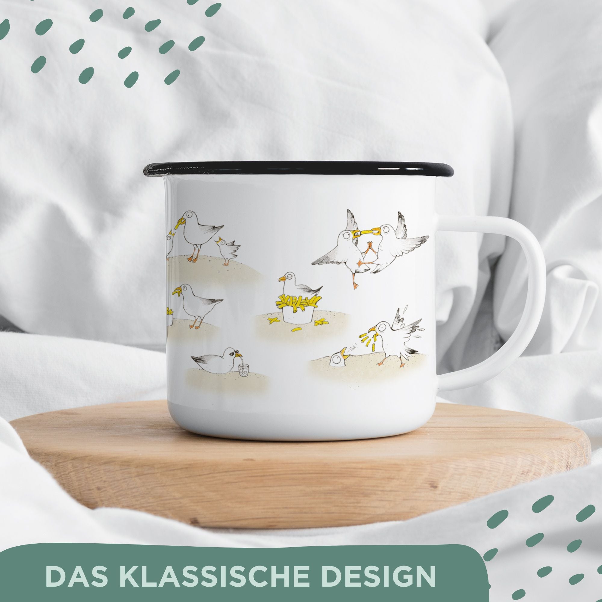Emaille Tasse – Pommesmöwen