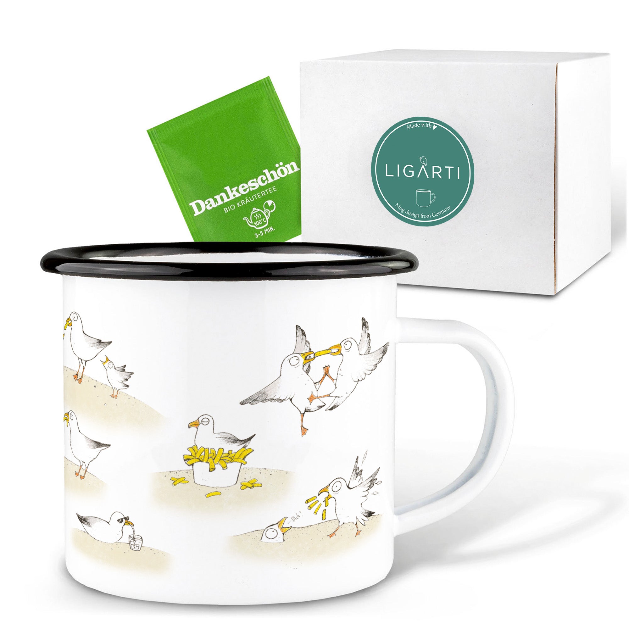 Emaille Tasse – Pommesmöwen