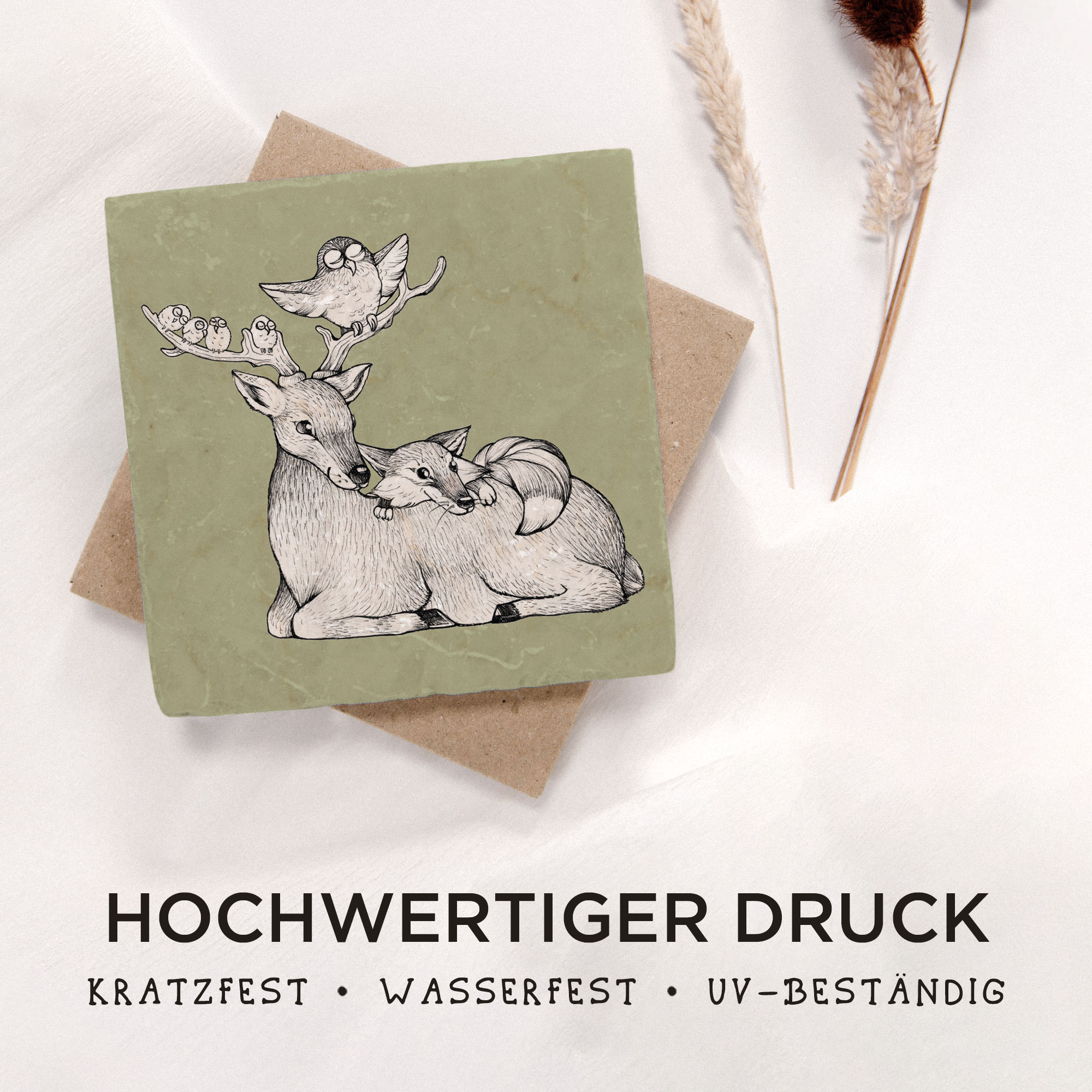 Fliesenuntersetzer – Reh am Lagerfeuer