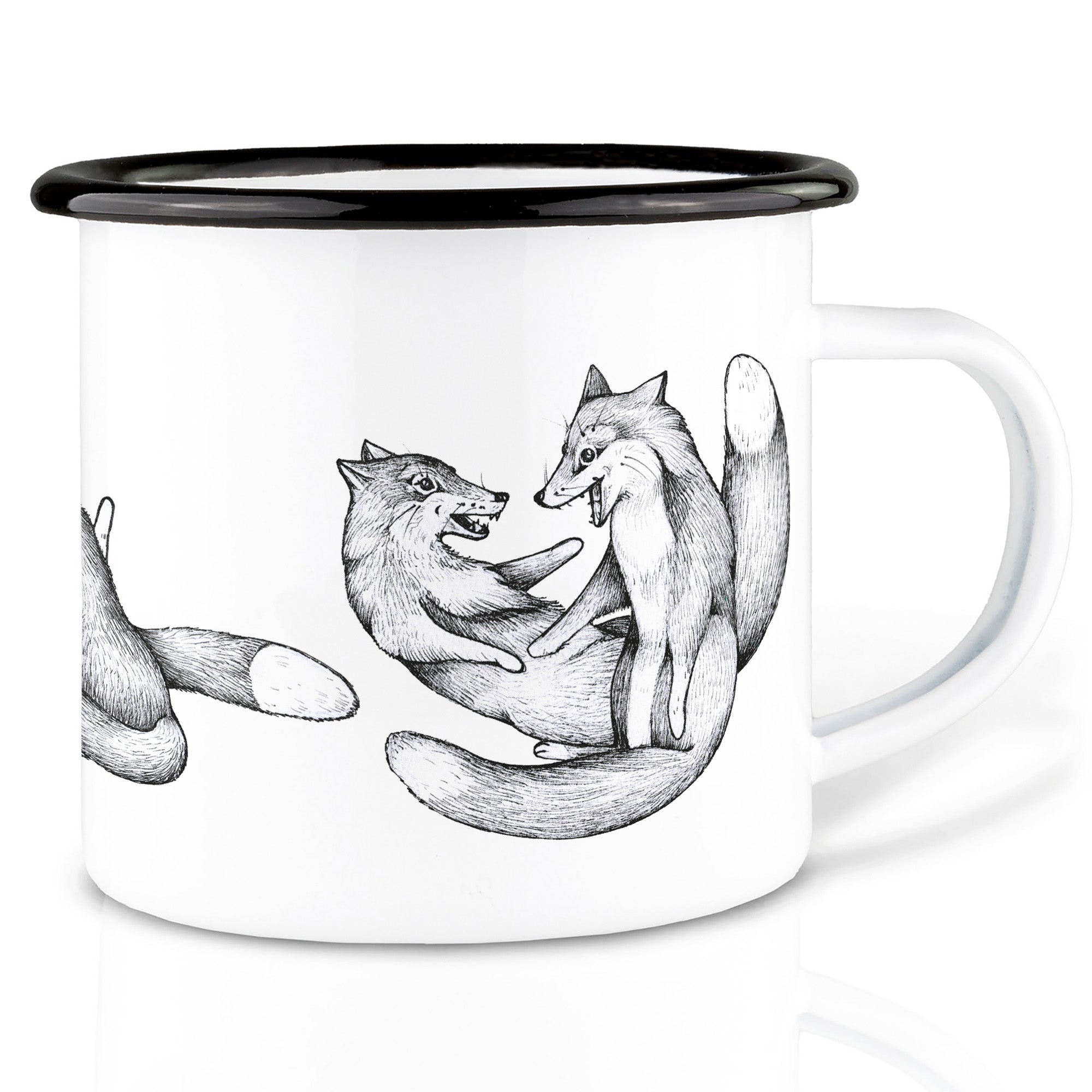 Emaille Tasse – Tobende Füchse