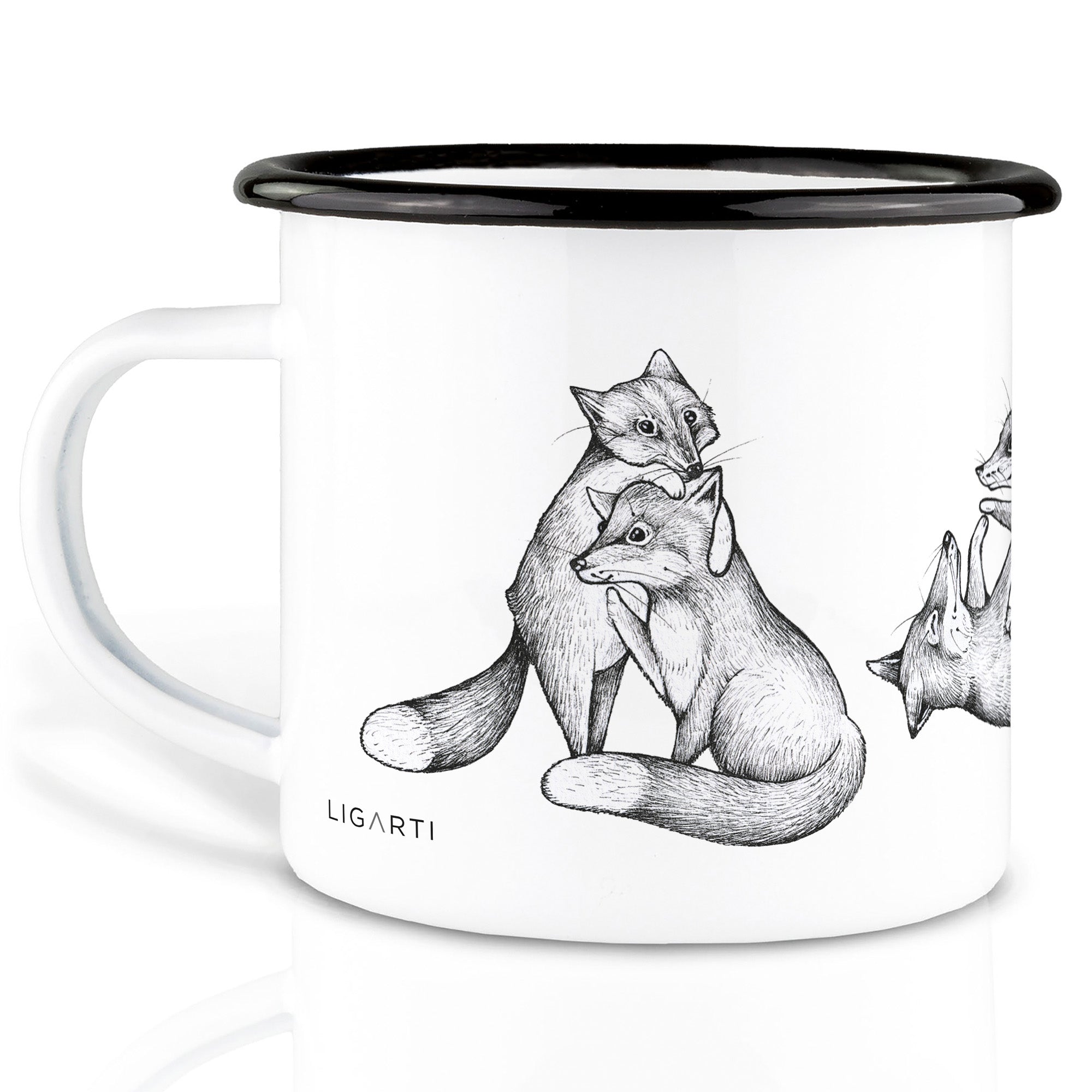 Emaille Tasse – Tobende Füchse