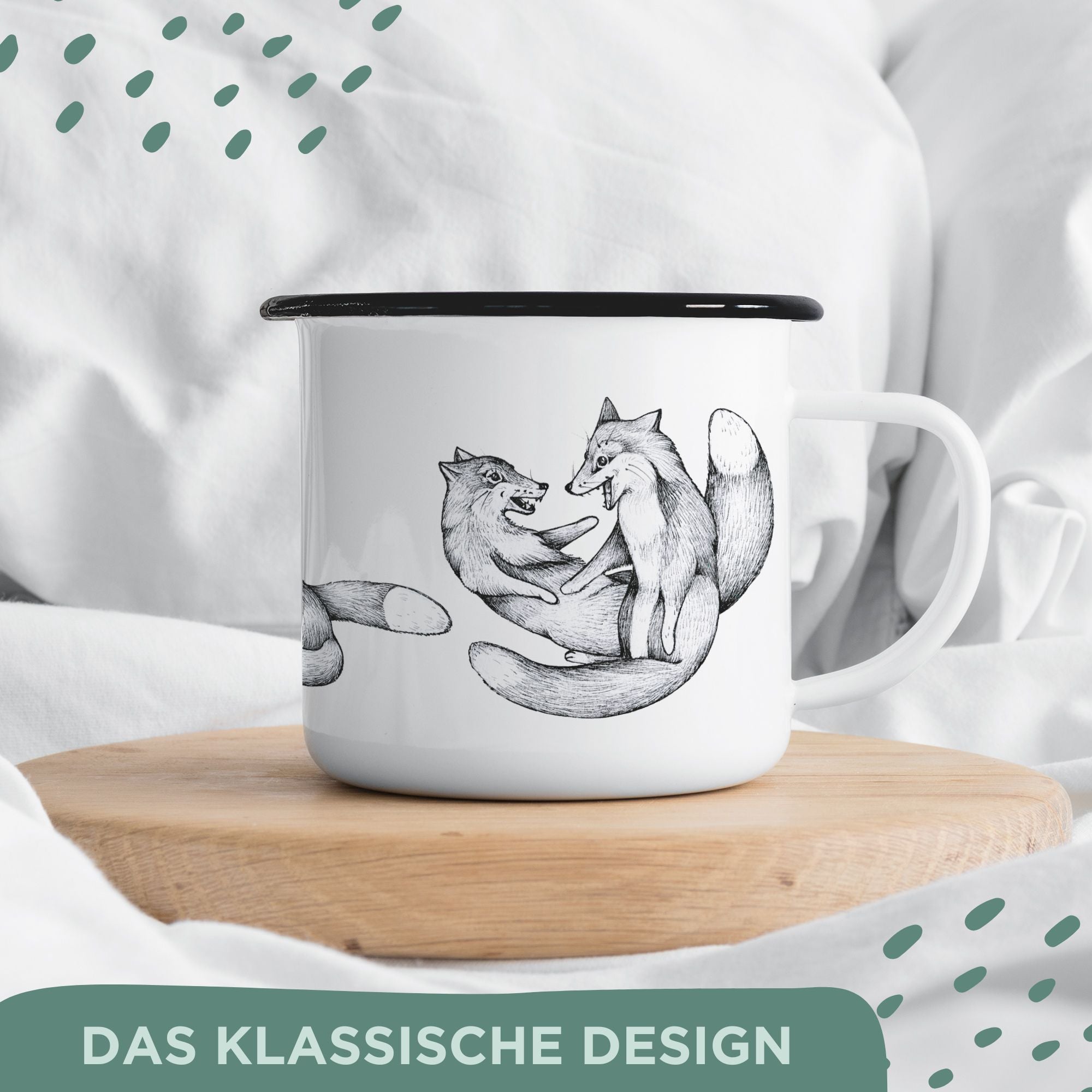 Emaille Tasse – Tobende Füchse