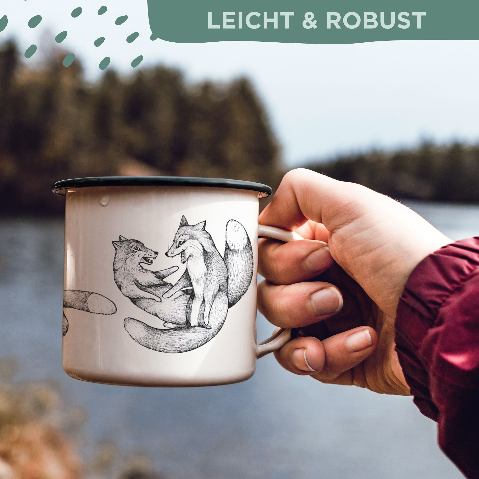 Emaille Tasse – Tobende Füchse