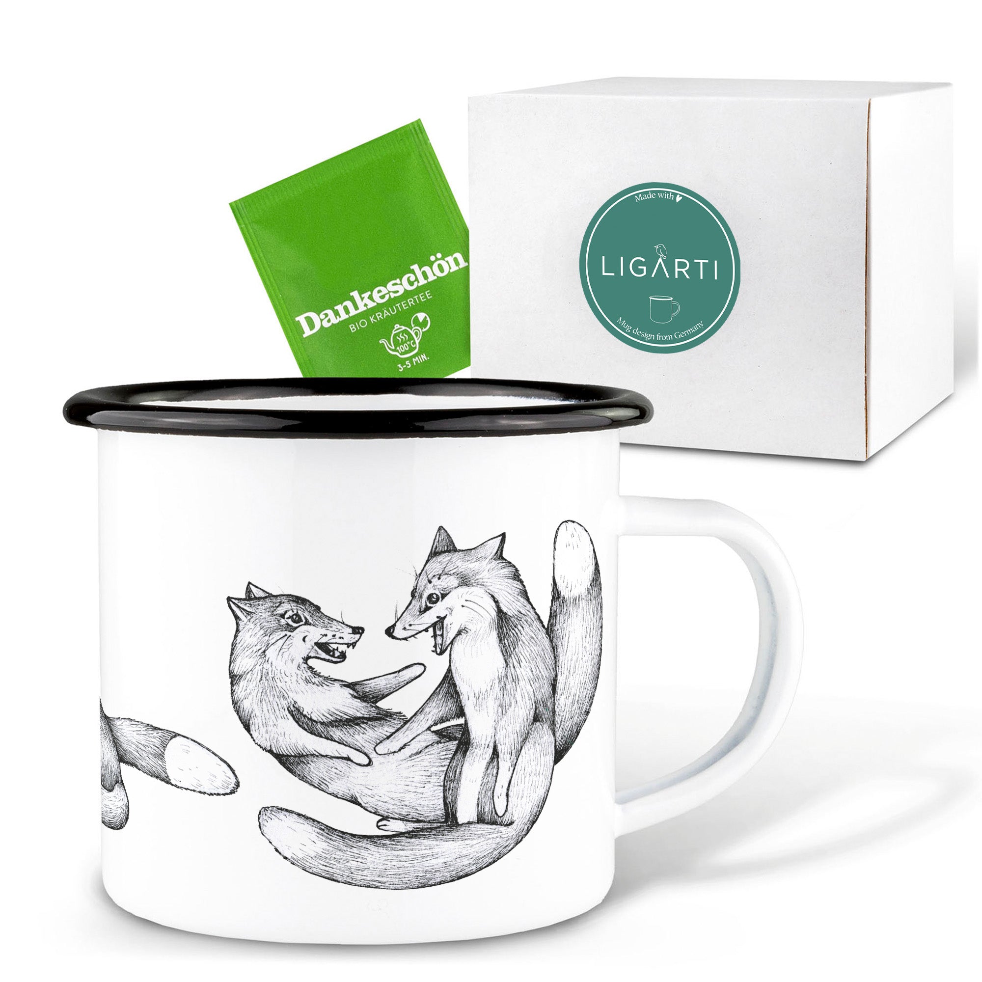 Emaille Tasse – Tobende Füchse
