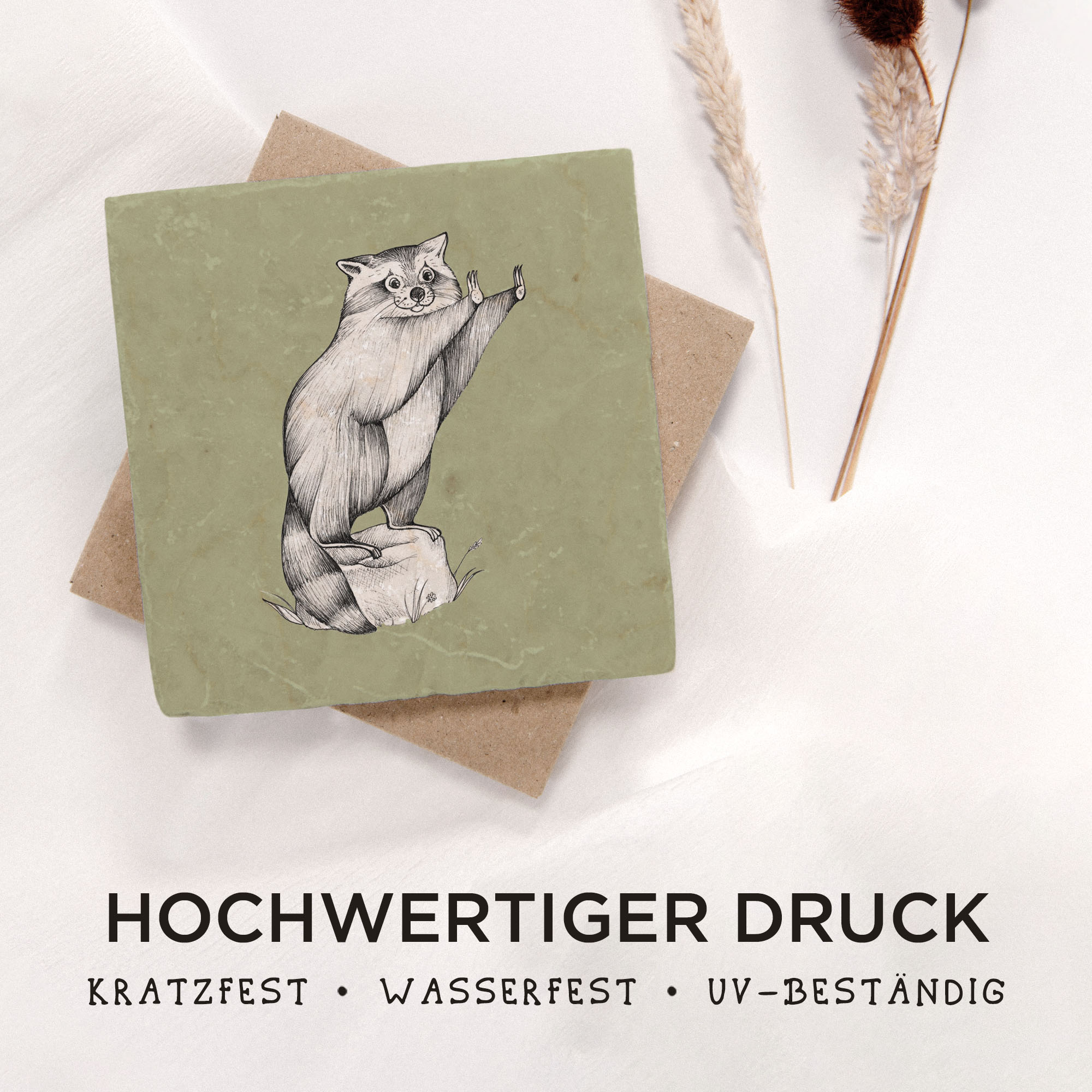 Fliesenuntersetzer – Waschbär am Lagerfeuer