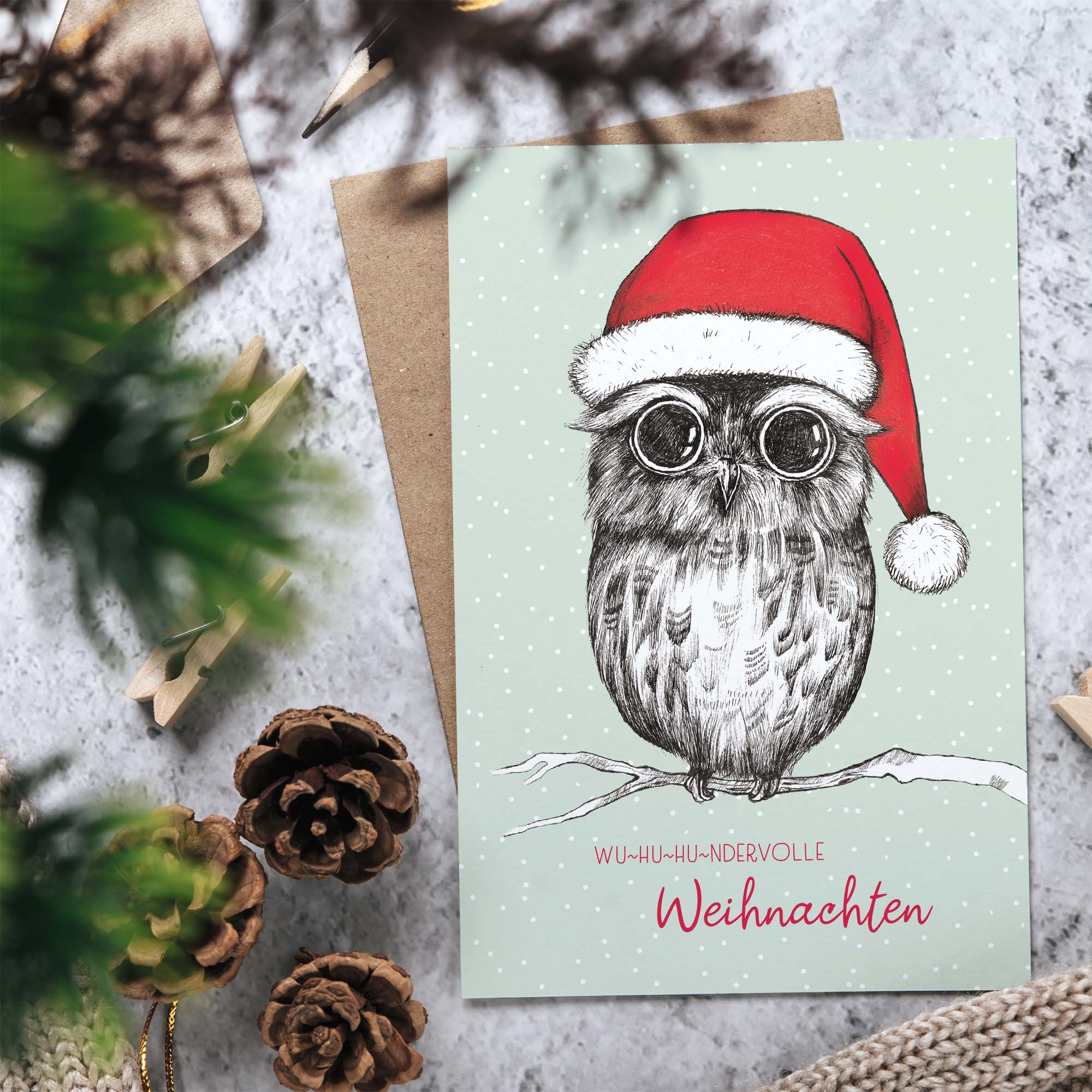 Klappkarte – Weihnachtseule