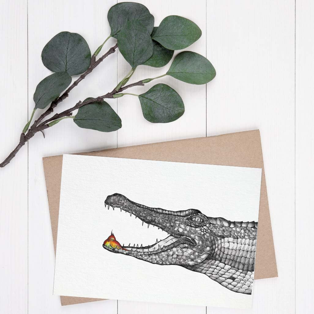 Grußkarte Krokodil mit Vögelchen