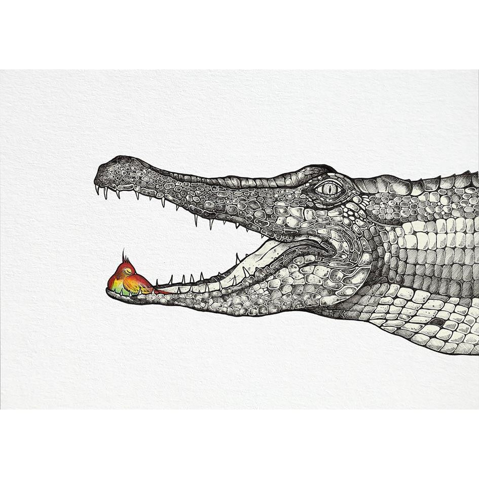 Postkarte Bambus Krokodil Mama mit Vogel