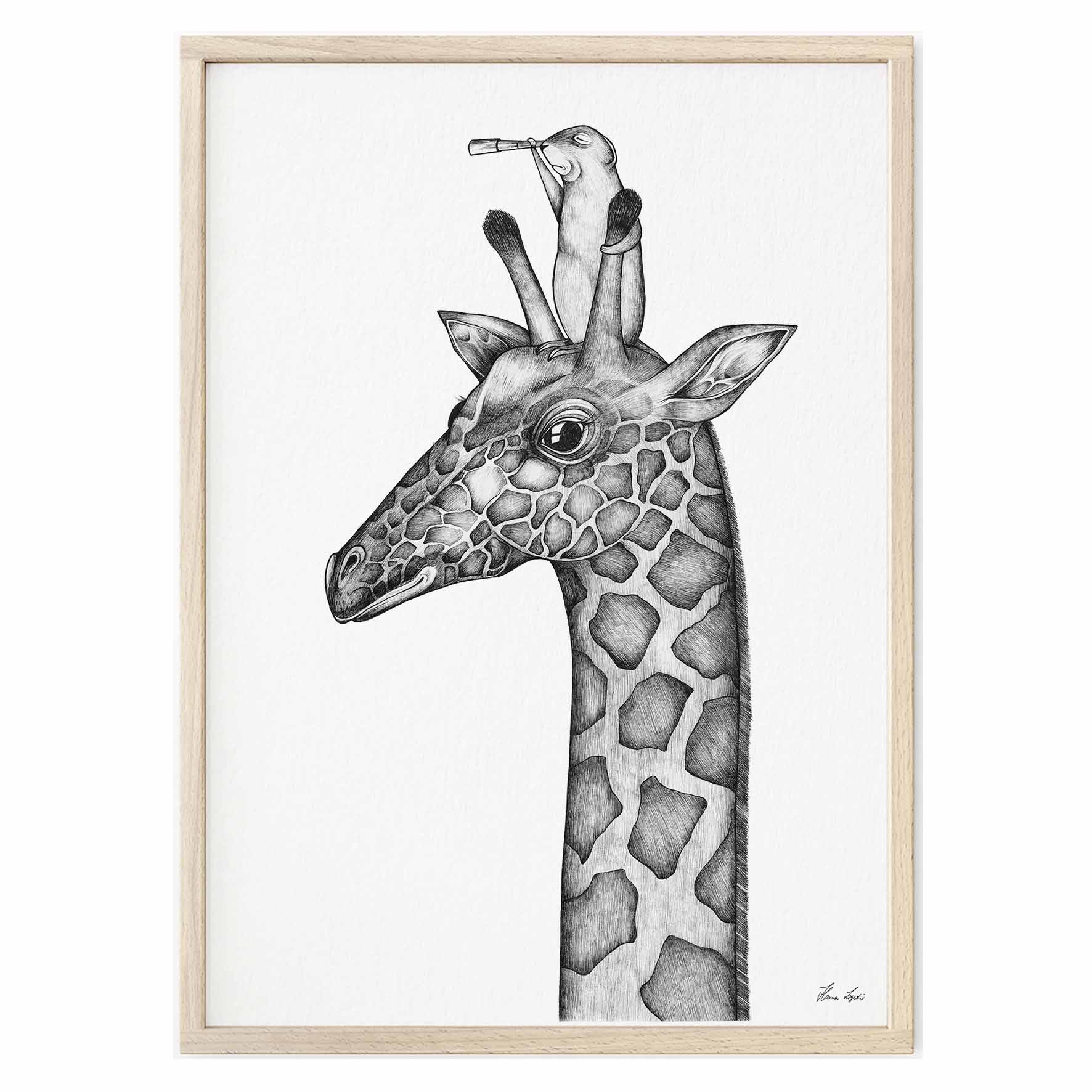 Kunstdruck Giraffe mit Erdmännchen