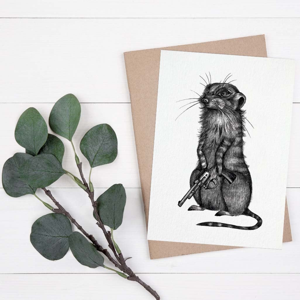 Grußkarte Erdmännchen mit Pistole - gefährliche Tiere
