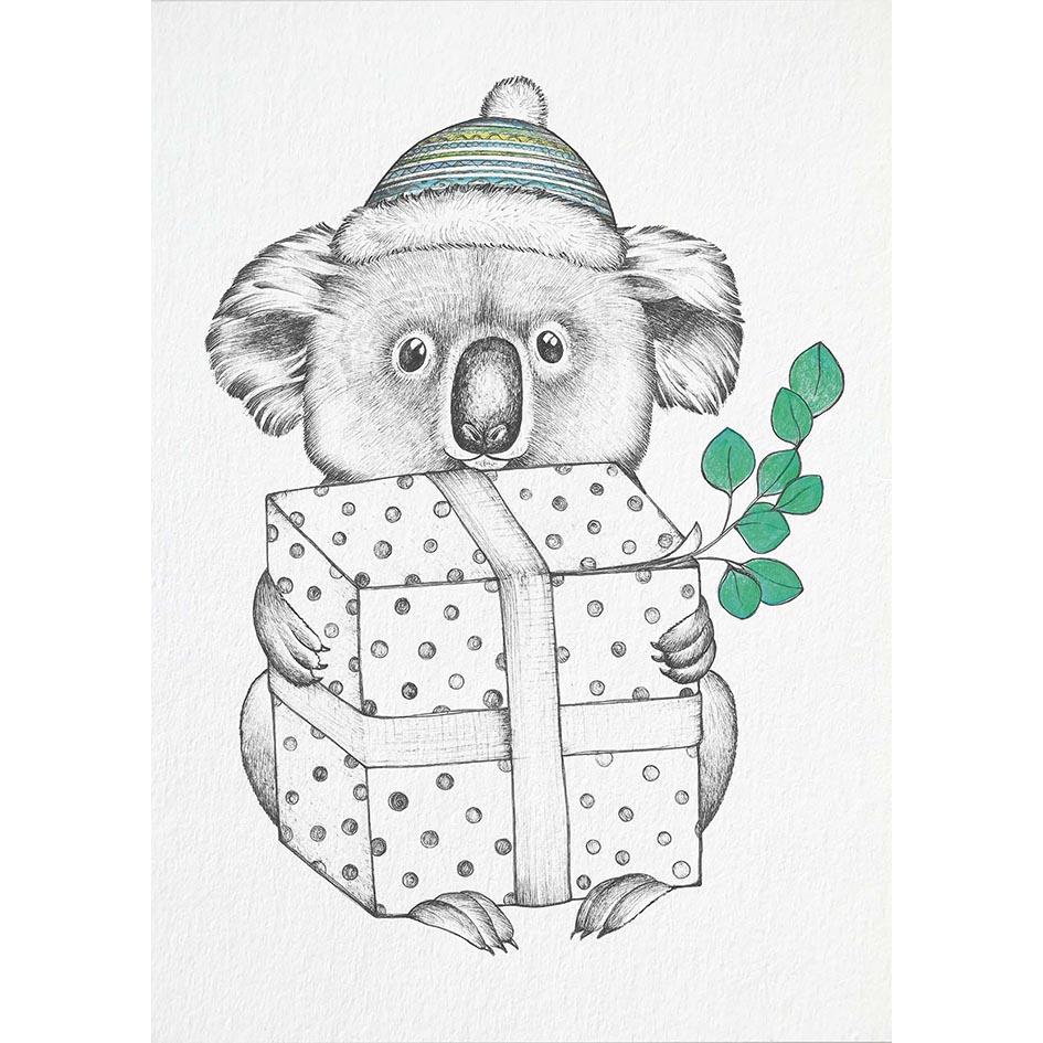 Postkarte Bambus Koala mit Geschenk