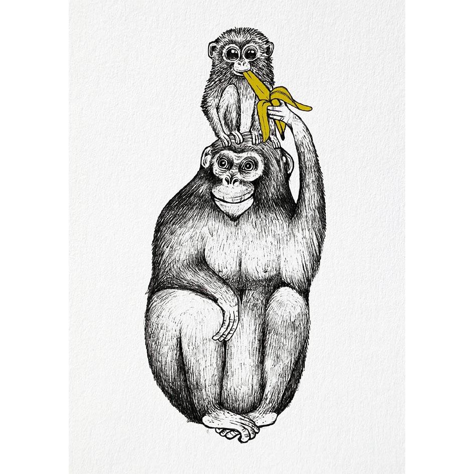 Postkarte Bambus Schimpanse füttert Äffchen