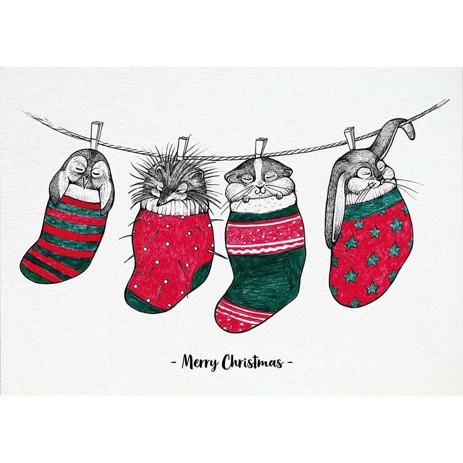 Postkarte Bambus Tiere in Weihnachtsstiefeln